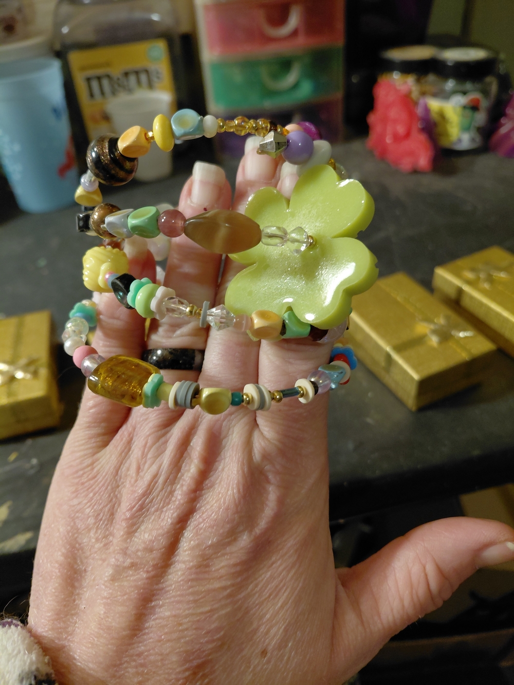 Green Flower Multicolor Beaded Coil Bracelet